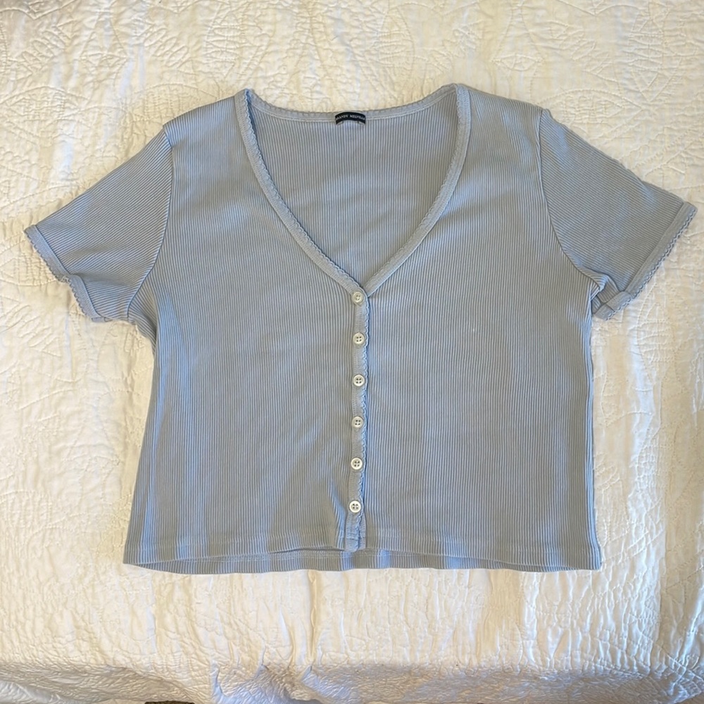 Light Blue Brandy Melville Ribbed Button Up V-Neck Tshirt
